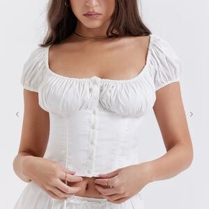 Commense White Puff Sleeve Drawstring Corset Crop Top